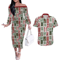 Mele Kalikimaka Hawaiian Quilt and Lei Patchwork Couples Matching Off The Shoulder Long Sleeve Dress and Hawaiian Shirt - Polynesian Pride