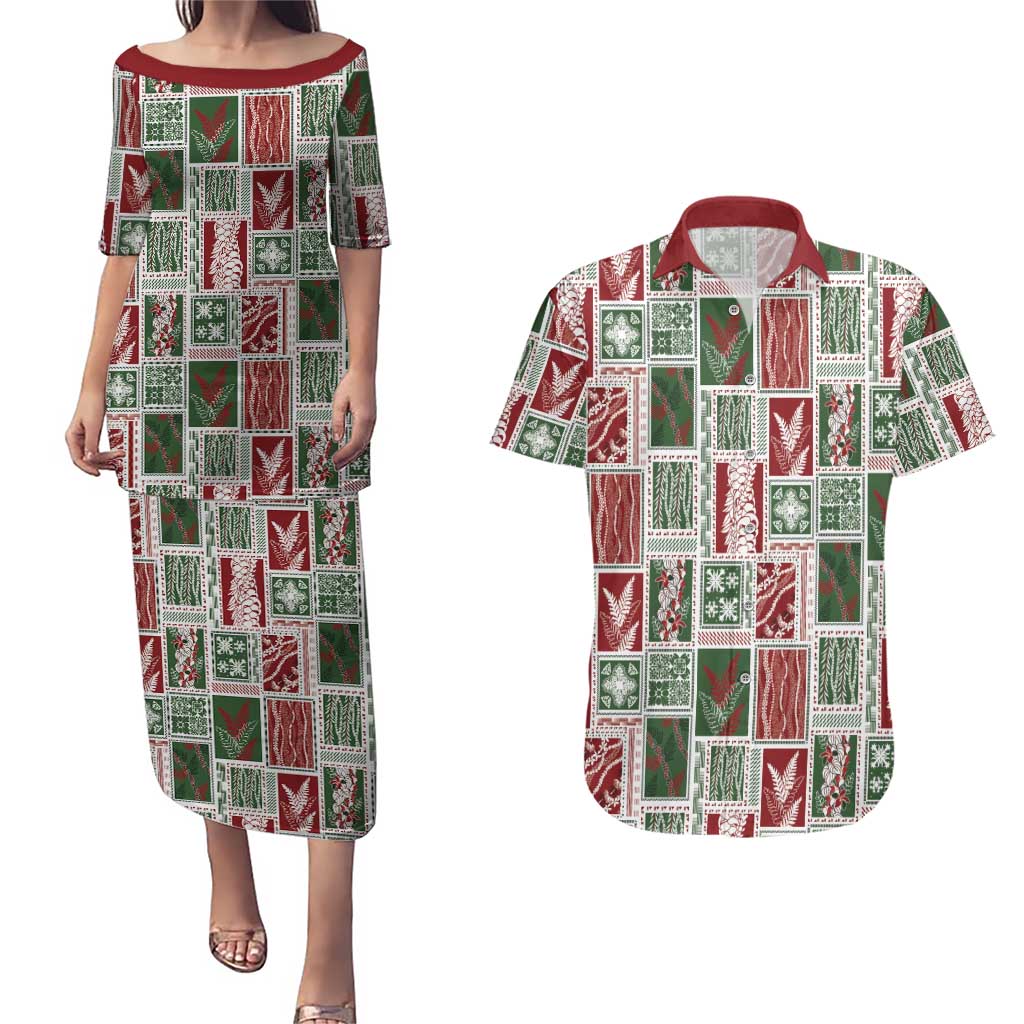 Mele Kalikimaka Hawaiian Quilt and Lei Patchwork Couples Matching Puletasi and Hawaiian Shirt - Polynesian Pride