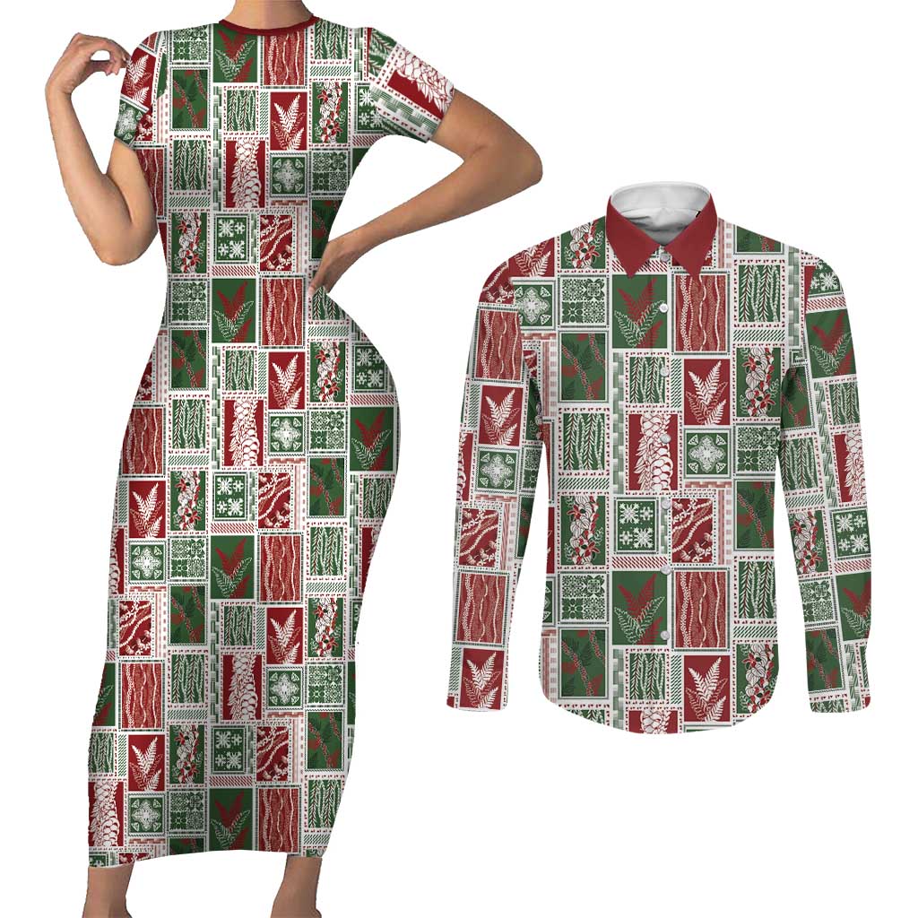 Mele Kalikimaka Hawaiian Quilt and Lei Patchwork Couples Matching Short Sleeve Bodycon Dress and Long Sleeve Button Shirt LT9 Red - Polynesian Pride