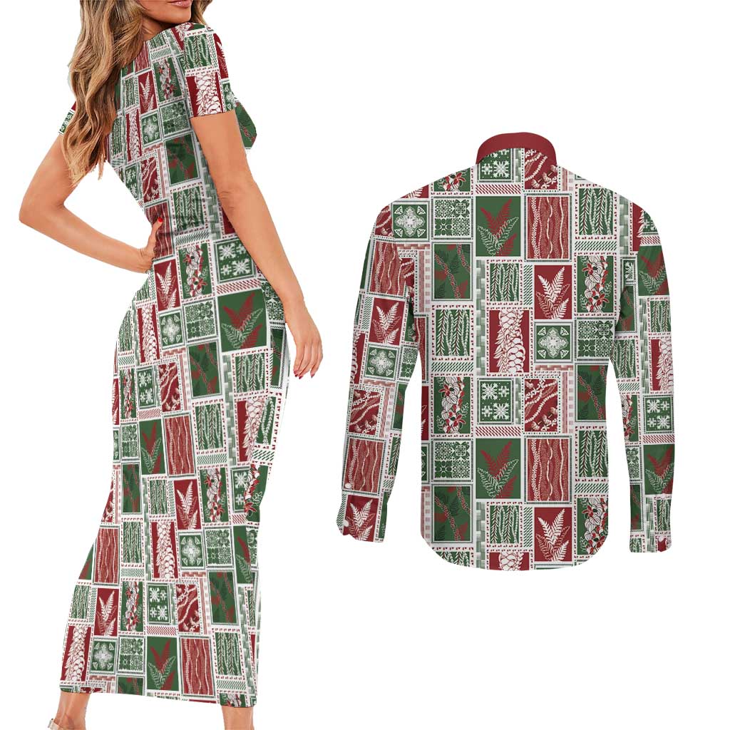 Mele Kalikimaka Hawaiian Quilt and Lei Patchwork Couples Matching Short Sleeve Bodycon Dress and Long Sleeve Button Shirt LT9 - Polynesian Pride