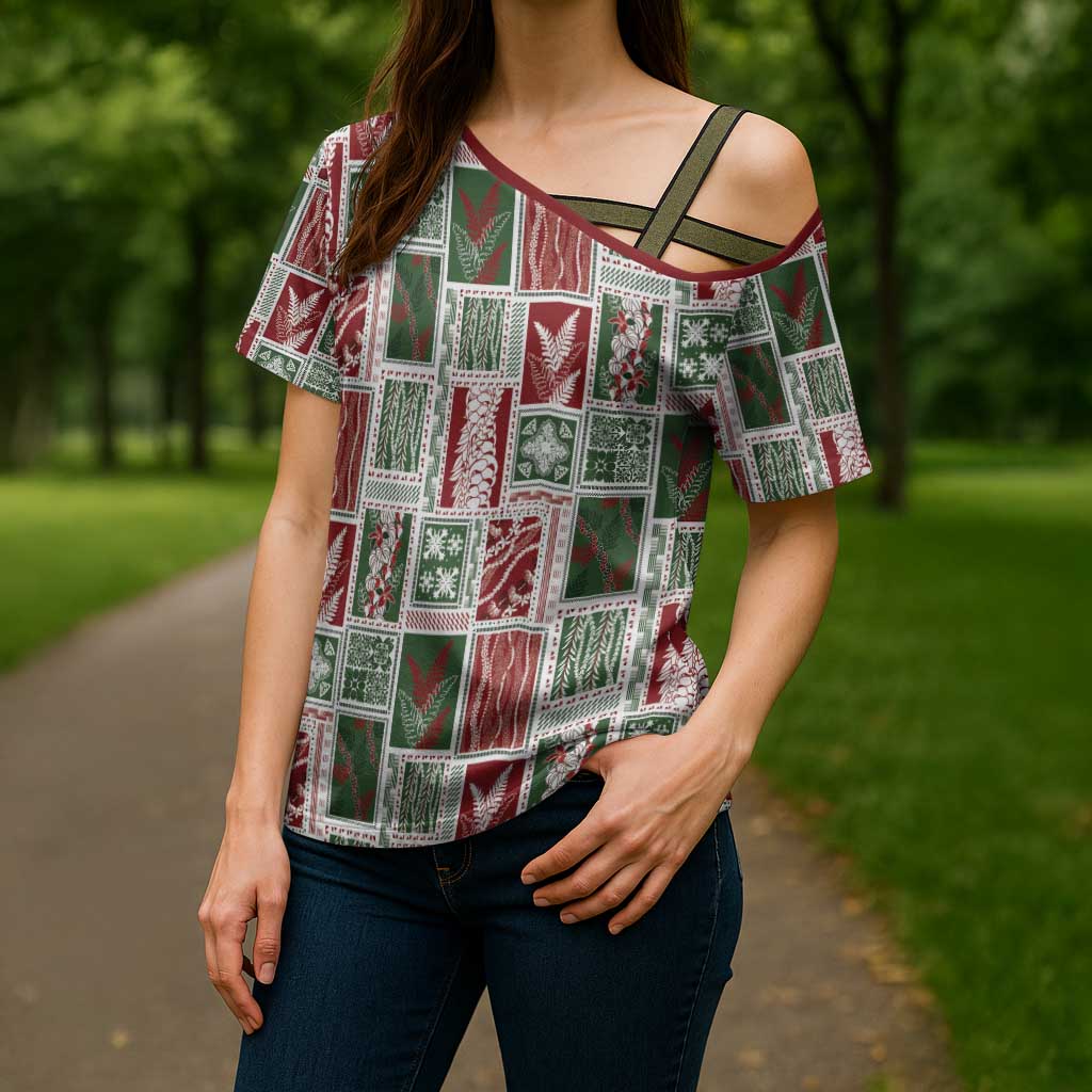 Mele Kalikimaka Hawaiian Quilt and Lei Patchwork Cross Shoulder Shirt - Polynesian Pride