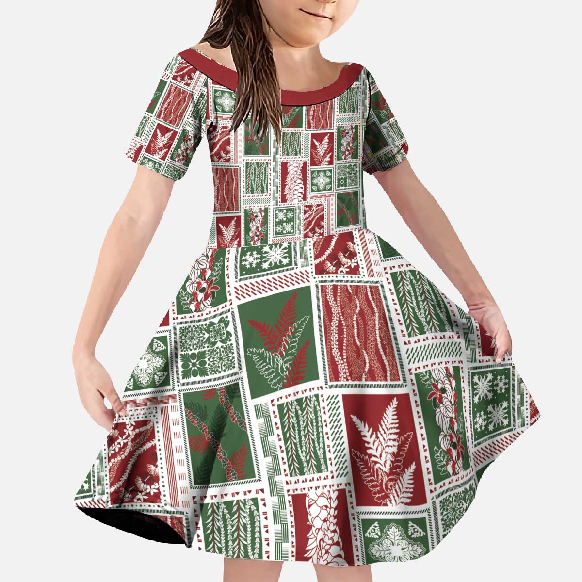 Mele Kalikimaka Hawaiian Quilt and Lei Patchwork Family Matching Off The Shoulder Long Sleeve Dress and Hawaiian Shirt - Polynesian Pride
