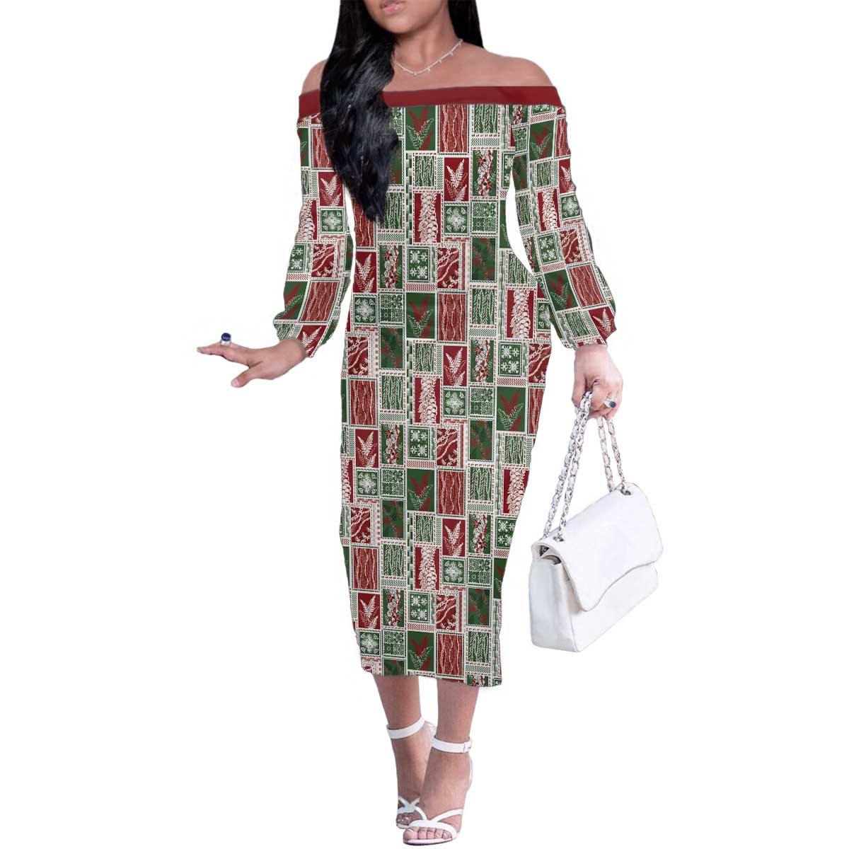 Mele Kalikimaka Hawaiian Quilt and Lei Patchwork Family Matching Off The Shoulder Long Sleeve Dress and Hawaiian Shirt - Polynesian Pride