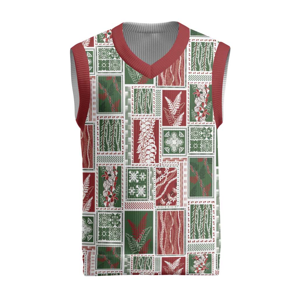 Mele Kalikimaka Hawaiian Quilt and Lei Patchwork Christmas Knitted V-Neck Vest - Polynesian Pride