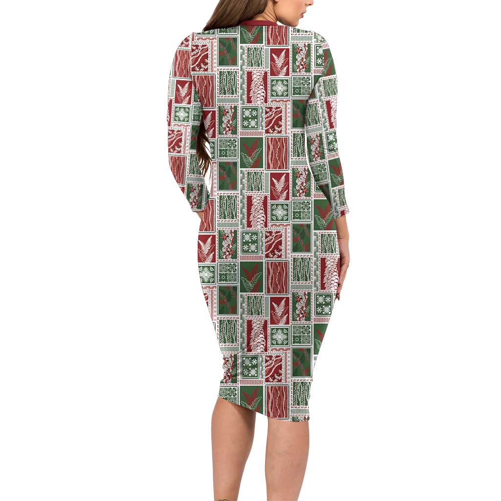 Mele Kalikimaka Hawaiian Quilt and Lei Patchwork Long Sleeve Bodycon Dress - Polynesian Pride