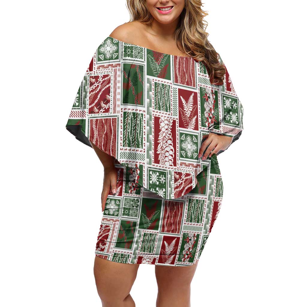Mele Kalikimaka Hawaiian Quilt and Lei Patchwork Off Shoulder Short Dress - Polynesian Pride