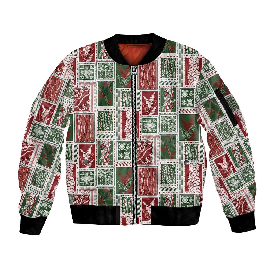 Mele Kalikimaka Hawaiian Quilt and Lei Patchwork Sleeve Zip Bomber Jacket - Polynesian Pride