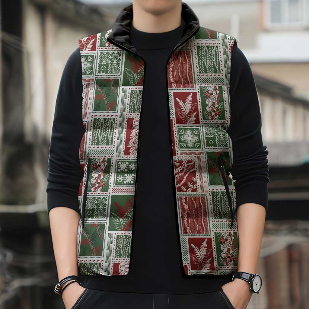 Mele Kalikimaka Hawaiian Quilt and Lei Patchwork Sleeveless Puffer Jacket - Polynesian Pride