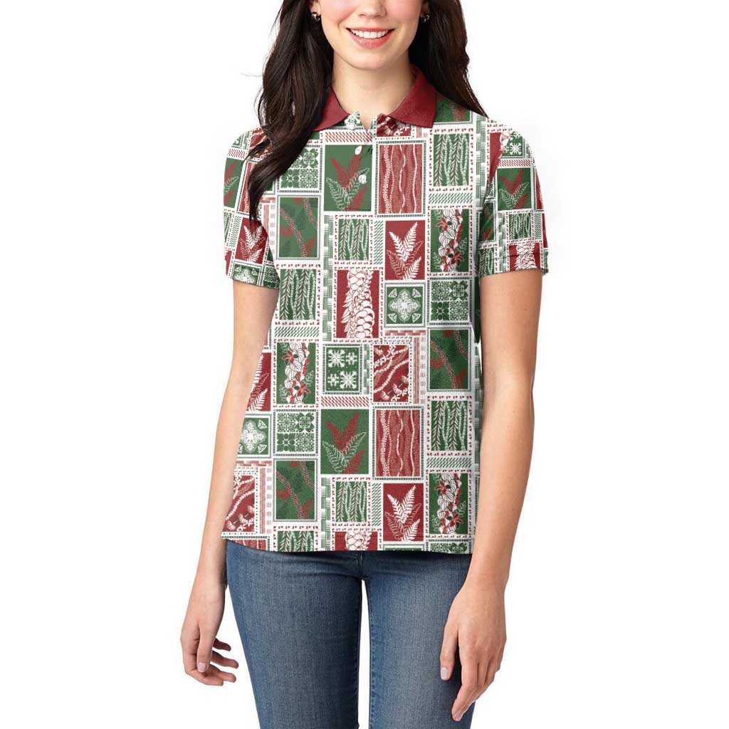 Mele Kalikimaka Hawaiian Quilt and Lei Patchwork Women Polo Shirt - Polynesian Pride