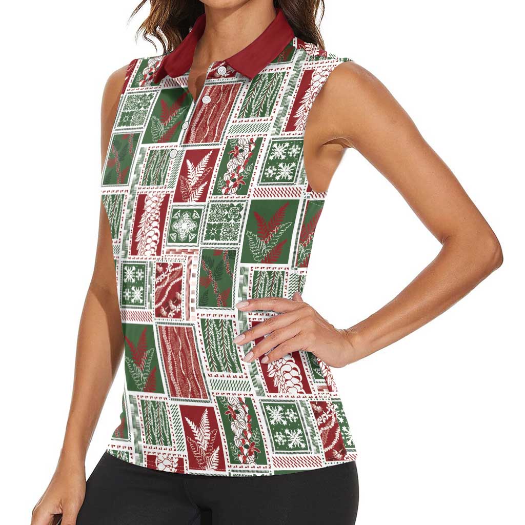 Mele Kalikimaka Hawaiian Quilt and Lei Patchwork Women Sleeveless Polo Shirt - Polynesian Pride