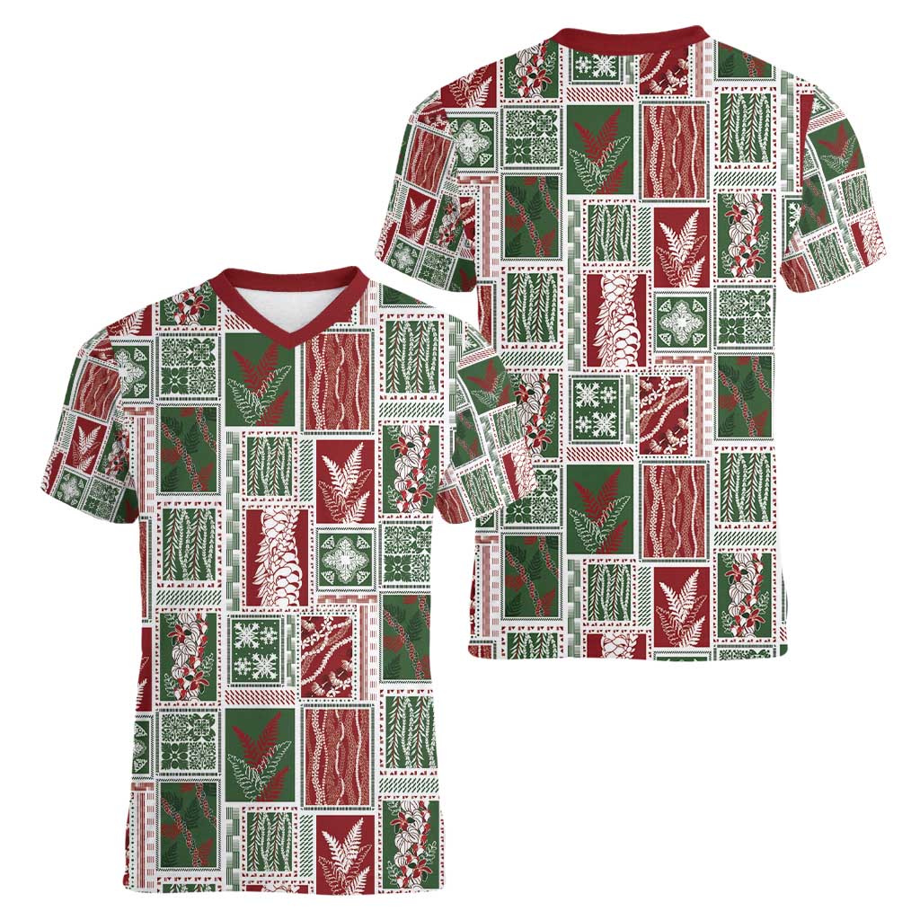 Mele Kalikimaka Hawaiian Quilt and Lei Patchwork Women V-Neck T-Shirt - Polynesian Pride