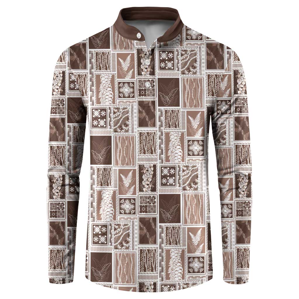 Vintage Aloha Block Quilt Button Sweatshirt Beige Inspired Lei Motifs - Polynesian Pride