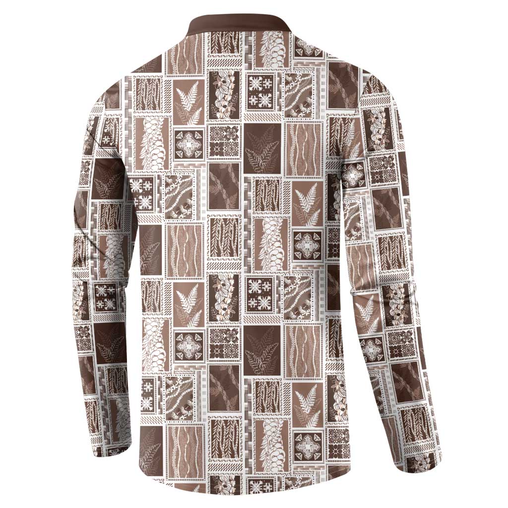 Vintage Aloha Block Quilt Button Sweatshirt Beige Inspired Lei Motifs - Polynesian Pride