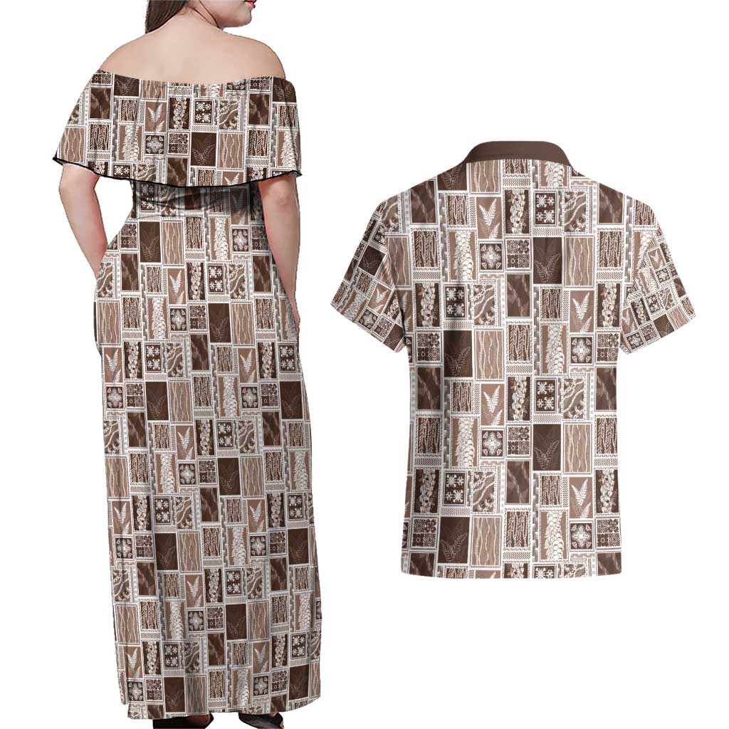 Vintage Aloha Block Quilt Couples Matching Off Shoulder Maxi Dress and Hawaiian Shirt Beige Inspired Lei Motifs - Polynesian Pride