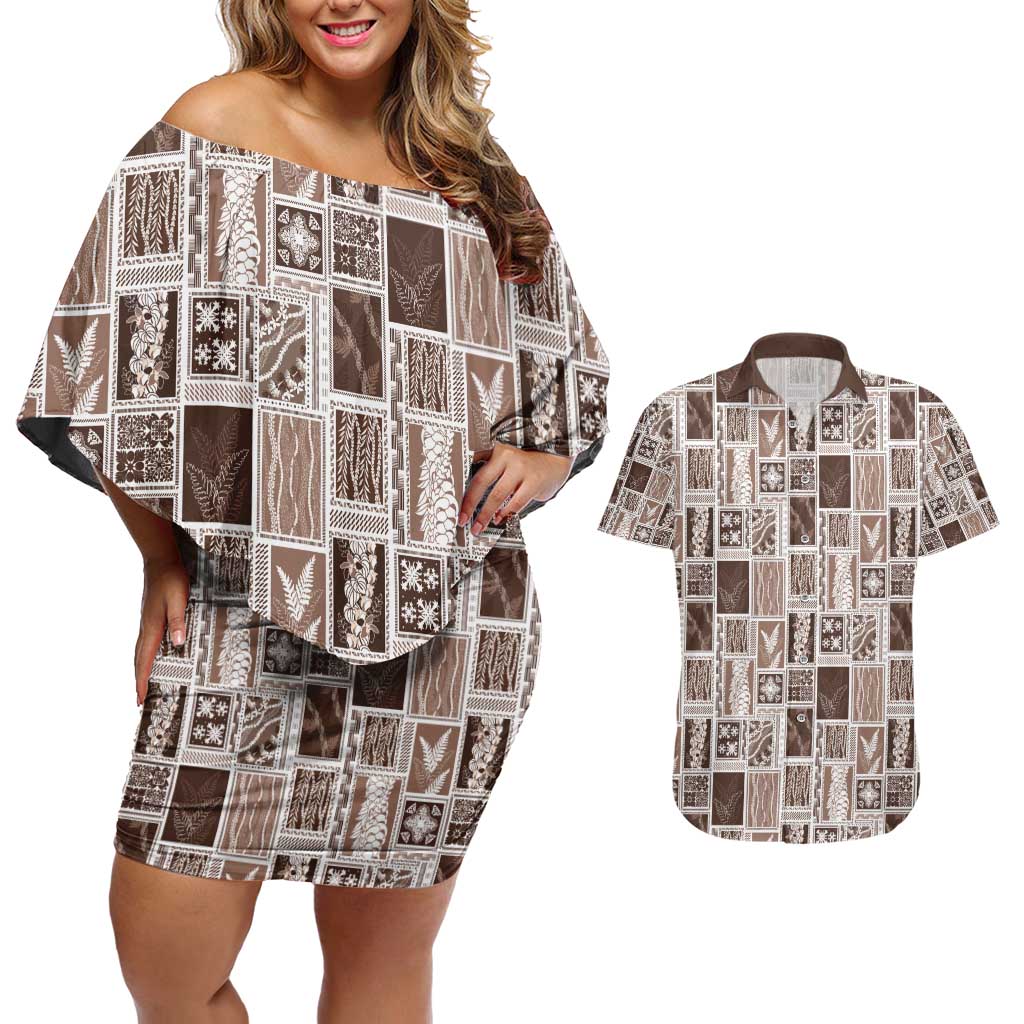 Vintage Aloha Block Quilt Couples Matching Off Shoulder Short Dress and Hawaiian Shirt Beige Inspired Lei Motifs - Polynesian Pride