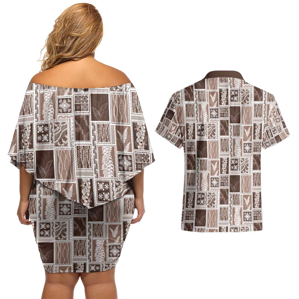 Vintage Aloha Block Quilt Couples Matching Off Shoulder Short Dress and Hawaiian Shirt Beige Inspired Lei Motifs - Polynesian Pride