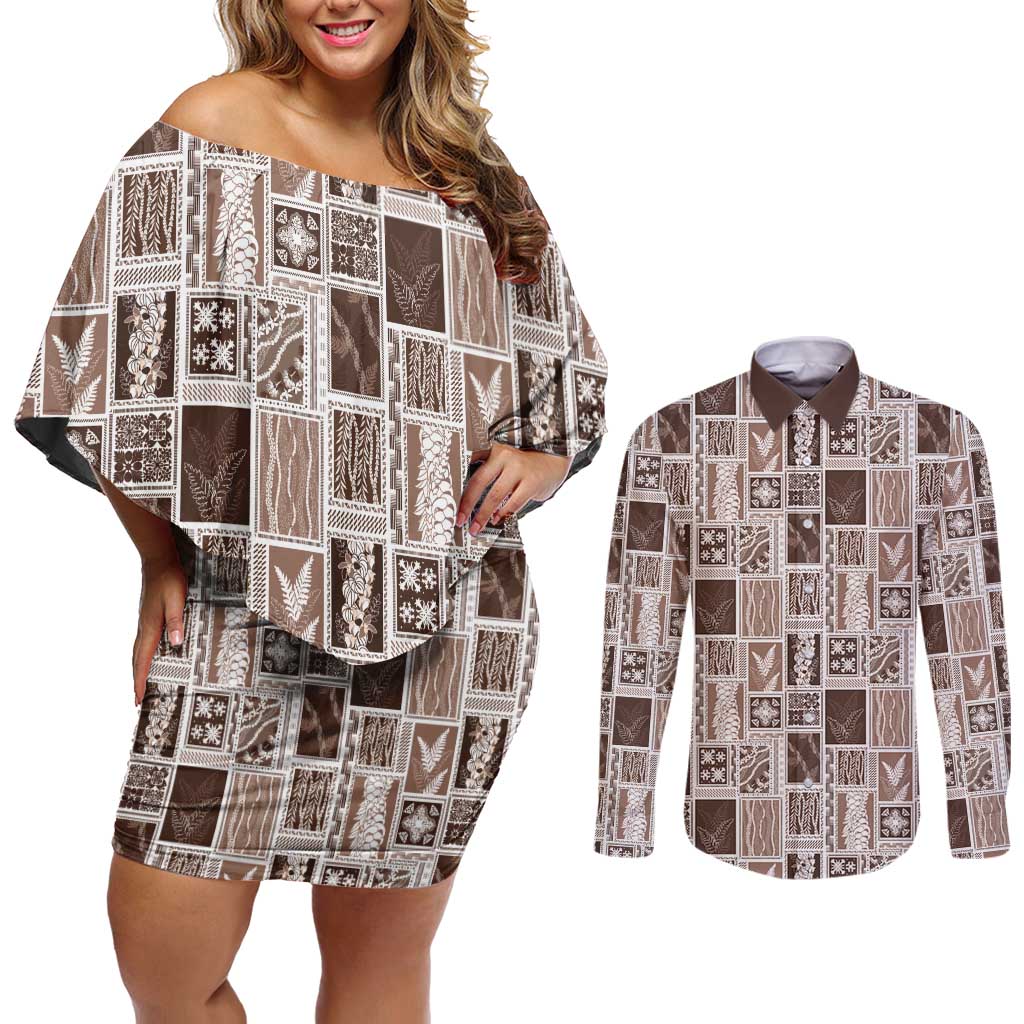 Vintage Aloha Block Quilt Couples Matching Off Shoulder Short Dress and Long Sleeve Button Shirt Beige Inspired Lei Motifs - Polynesian Pride