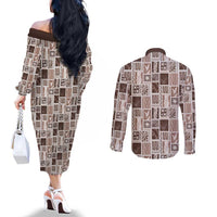 Vintage Aloha Block Quilt Couples Matching Off The Shoulder Long Sleeve Dress and Long Sleeve Button Shirt Beige Inspired Lei Motifs - Polynesian Pride