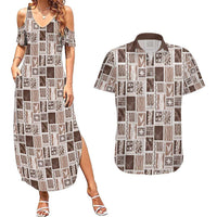Vintage Aloha Block Quilt Couples Matching Summer Maxi Dress and Hawaiian Shirt Beige Inspired Lei Motifs - Polynesian Pride