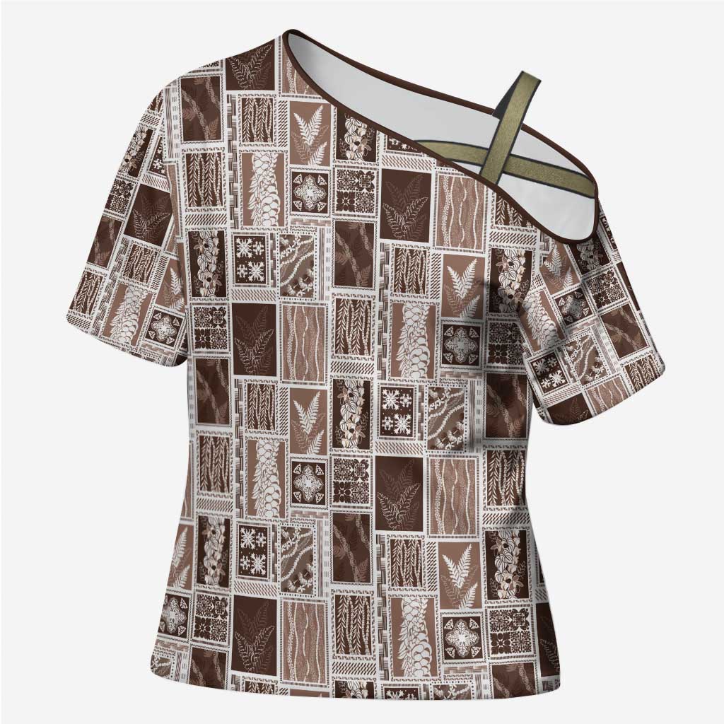 Vintage Aloha Block Quilt Cross Shoulder Shirt Beige Inspired Lei Motifs - Polynesian Pride