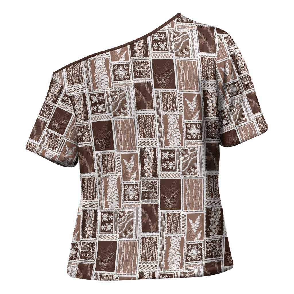 Vintage Aloha Block Quilt Cross Shoulder Shirt Beige Inspired Lei Motifs - Polynesian Pride