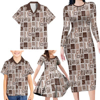 Vintage Aloha Block Quilt Family Matching Long Sleeve Bodycon Dress and Hawaiian Shirt Beige Inspired Lei Motifs - Polynesian Pride