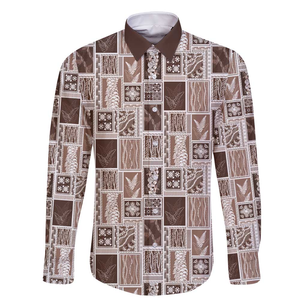 Vintage Aloha Block Quilt Family Matching Long Sleeve Bodycon Dress and Hawaiian Shirt Beige Inspired Lei Motifs - Polynesian Pride