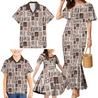 Vintage Aloha Block Quilt Family Matching Mermaid Dress and Hawaiian Shirt Beige Inspired Lei Motifs - Polynesian Pride