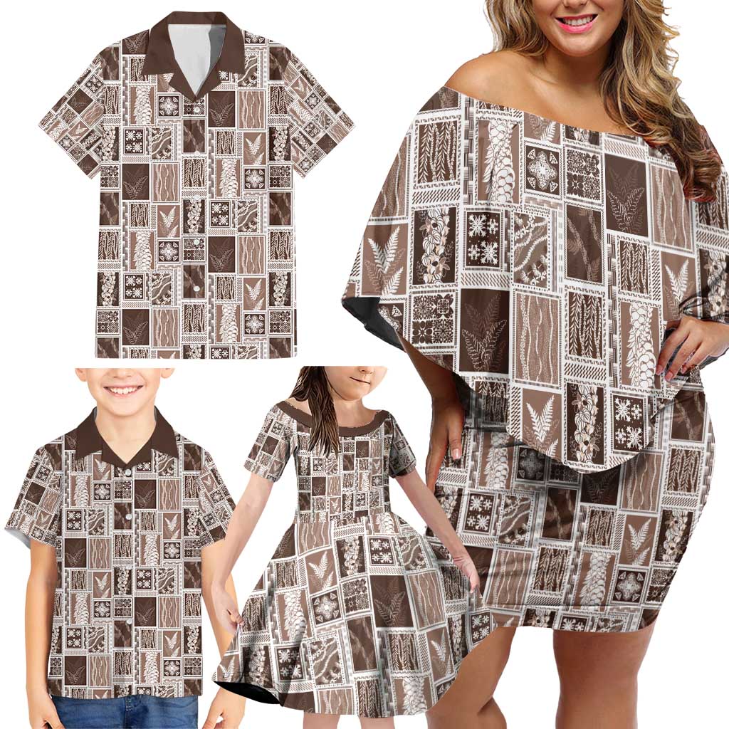 Vintage Aloha Block Quilt Family Matching Off Shoulder Short Dress and Hawaiian Shirt Beige Inspired Lei Motifs - Polynesian Pride