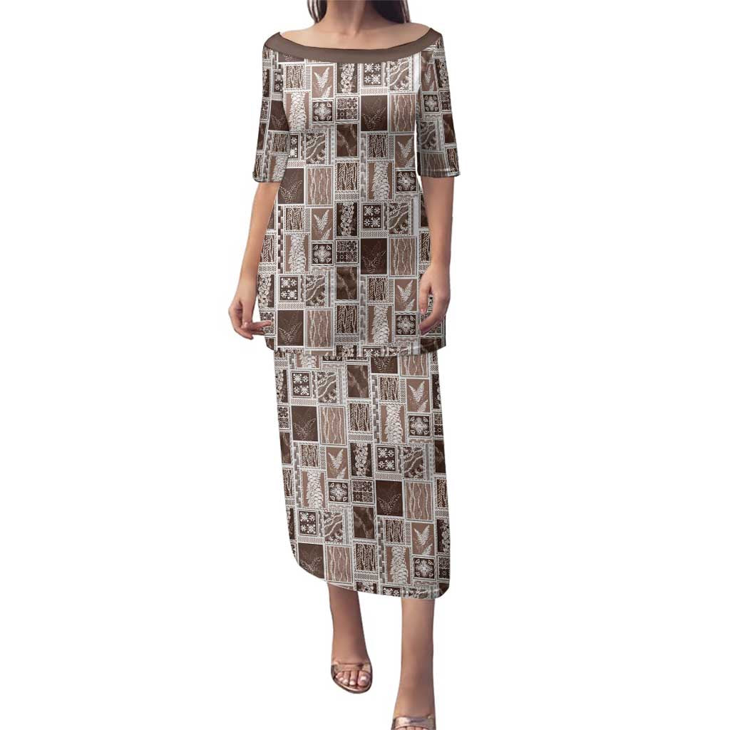 Vintage Aloha Block Quilt Family Matching Puletasi and Hawaiian Shirt Beige Inspired Lei Motifs - Polynesian Pride