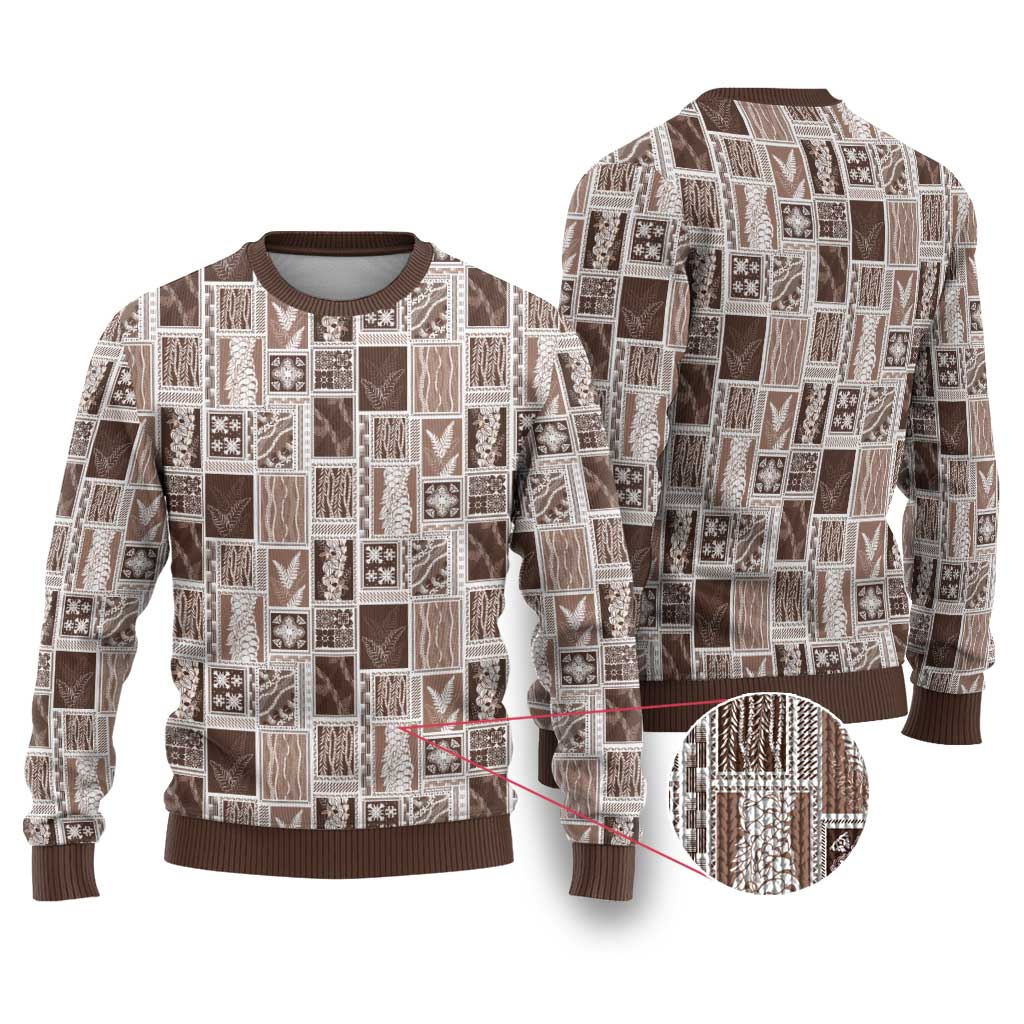 Vintage Aloha Block Quilt Ugly Christmas Sweater Beige Inspired Lei Motifs - Polynesian Pride