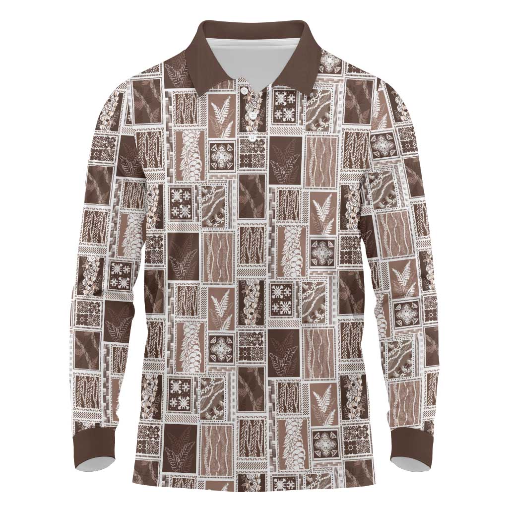 Vintage Aloha Block Quilt Long Sleeve Polo Shirt Beige Inspired Lei Motifs - Polynesian Pride