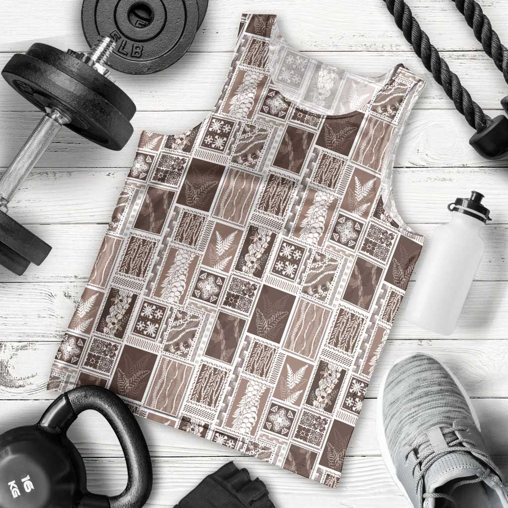 Vintage Aloha Block Quilt Men Tank Top Beige Inspired Lei Motifs - Polynesian Pride