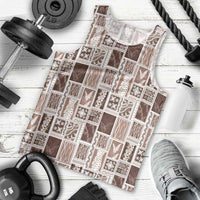 Vintage Aloha Block Quilt Men Tank Top Beige Inspired Lei Motifs - Polynesian Pride