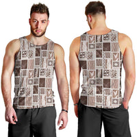 Vintage Aloha Block Quilt Men Tank Top Beige Inspired Lei Motifs - Polynesian Pride