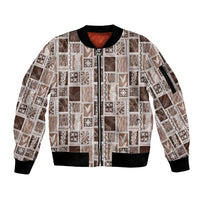 Vintage Aloha Block Quilt Sleeve Zip Bomber Jacket Beige Inspired Lei Motifs - Polynesian Pride