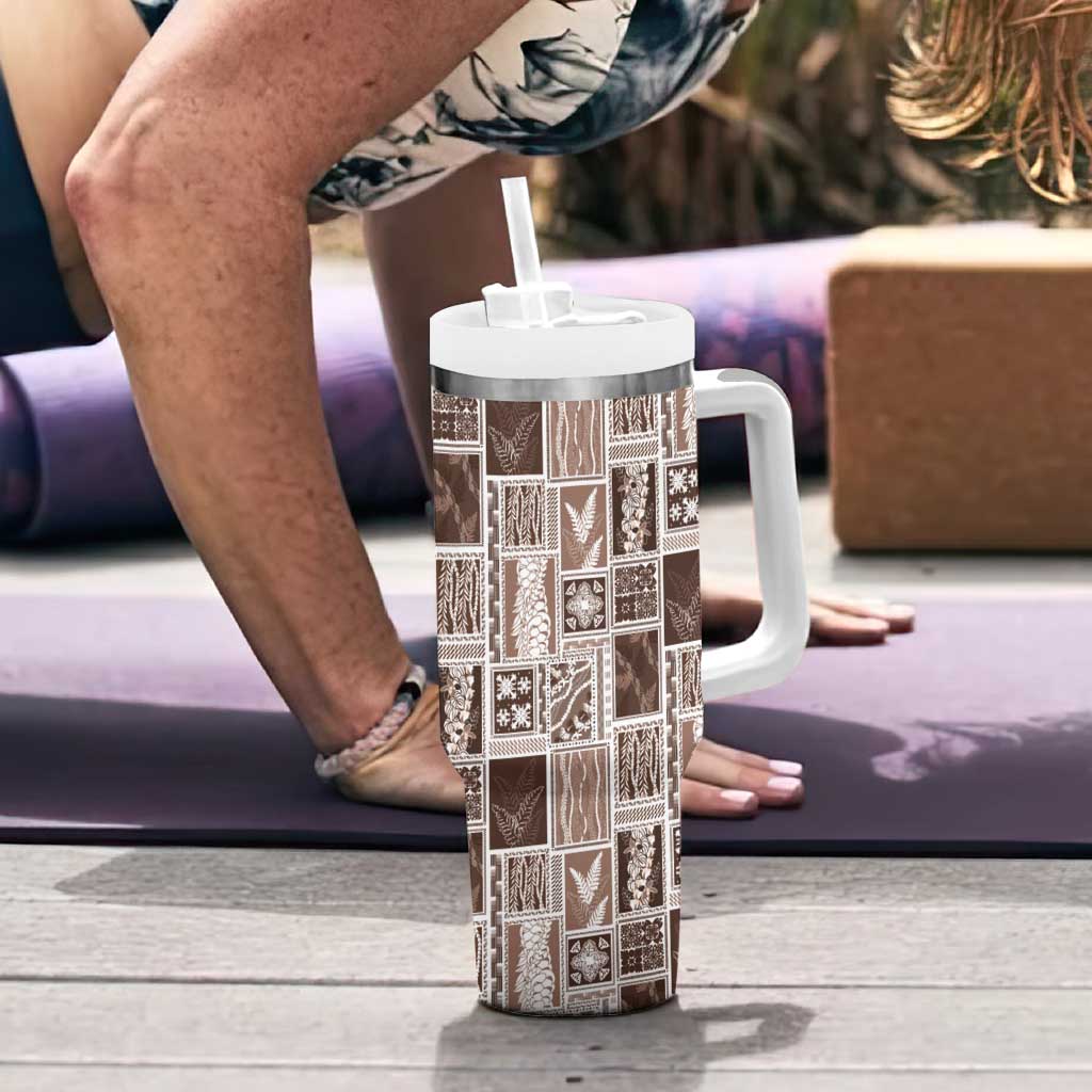 Vintage Aloha Block Quilt Tumbler With Handle Beige Inspired Lei Motifs - Polynesian Pride