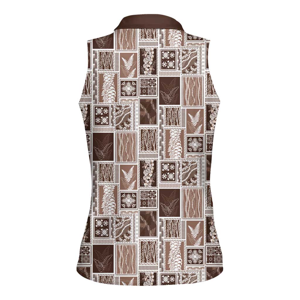 Vintage Aloha Block Quilt Women Sleeveless Polo Shirt Beige Inspired Lei Motifs - Polynesian Pride