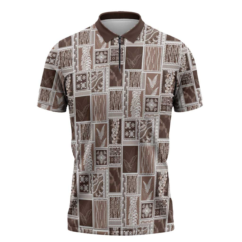 Vintage Aloha Block Quilt Zipper Polo Shirt Beige Inspired Lei Motifs - Polynesian Pride