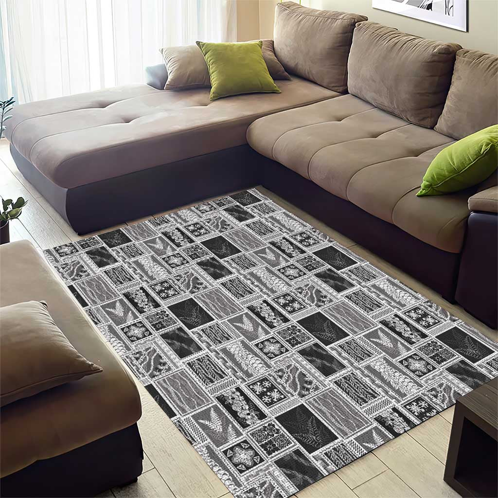 Vintage Aloha Block Quilt Area Rug Black Inspired Lei Motifs - Polynesian Pride