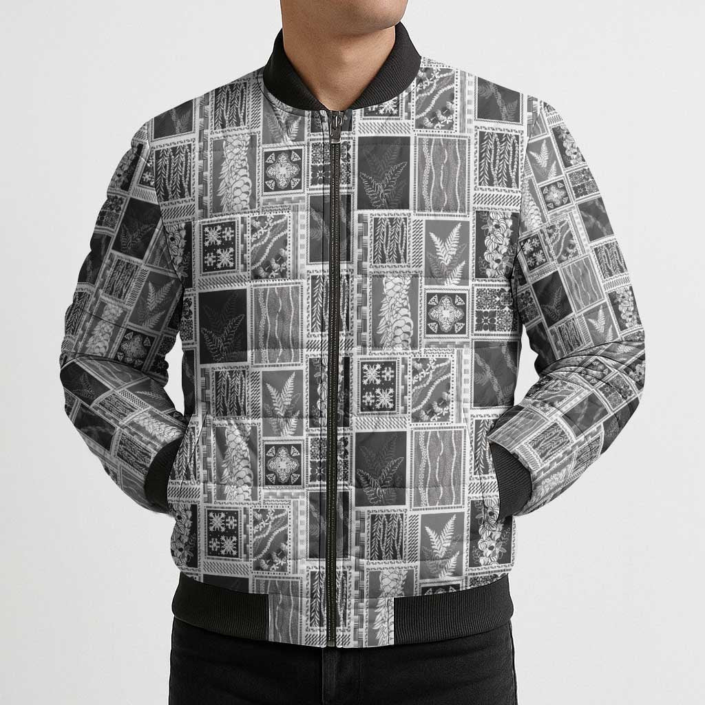 Vintage Aloha Block Quilt Bomber Puffer Jacket Black Inspired Lei Motifs - Polynesian Pride