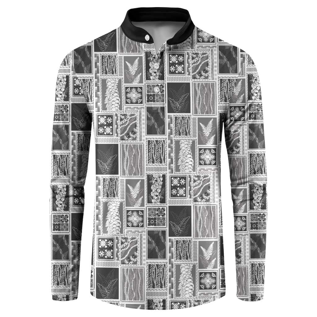Vintage Aloha Block Quilt Button Sweatshirt Black Inspired Lei Motifs - Polynesian Pride