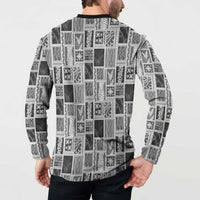 Vintage Aloha Block Quilt Button Sweatshirt Black Inspired Lei Motifs - Polynesian Pride