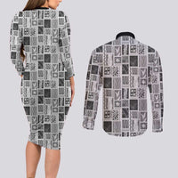 Vintage Aloha Block Quilt Couples Matching Long Sleeve Bodycon Dress and Long Sleeve Button Shirt Black Inspired Lei Motifs - Polynesian Pride