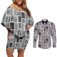Vintage Aloha Block Quilt Couples Matching Off Shoulder Short Dress and Long Sleeve Button Shirt Black Inspired Lei Motifs - Polynesian Pride