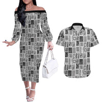 Vintage Aloha Block Quilt Couples Matching Off The Shoulder Long Sleeve Dress and Hawaiian Shirt Black Inspired Lei Motifs - Polynesian Pride