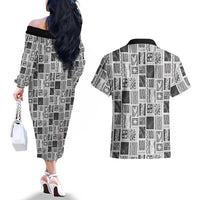 Vintage Aloha Block Quilt Couples Matching Off The Shoulder Long Sleeve Dress and Hawaiian Shirt Black Inspired Lei Motifs - Polynesian Pride