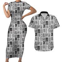 Vintage Aloha Block Quilt Couples Matching Short Sleeve Bodycon Dress and Hawaiian Shirt Black Inspired Lei Motifs - Polynesian Pride