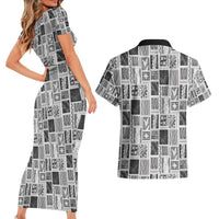 Vintage Aloha Block Quilt Couples Matching Short Sleeve Bodycon Dress and Hawaiian Shirt Black Inspired Lei Motifs - Polynesian Pride