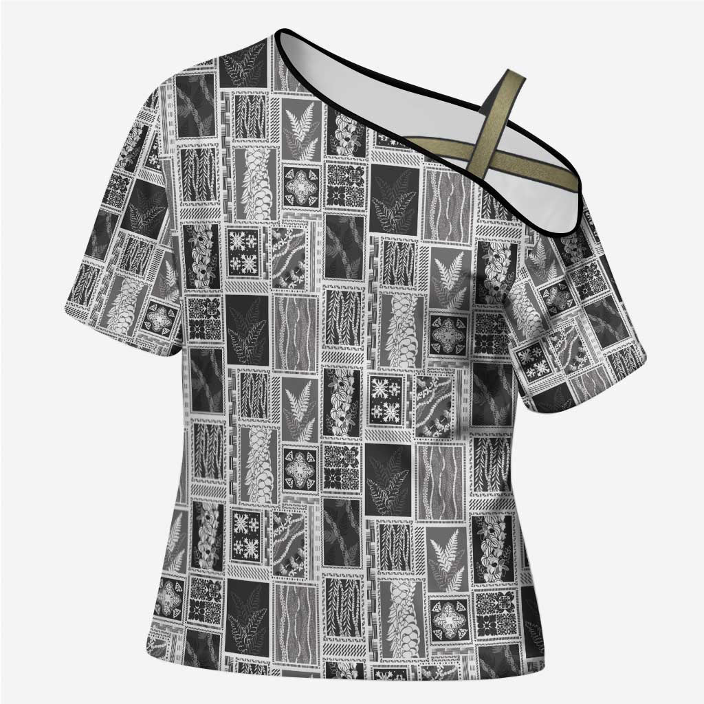 Vintage Aloha Block Quilt Cross Shoulder Shirt Black Inspired Lei Motifs - Polynesian Pride